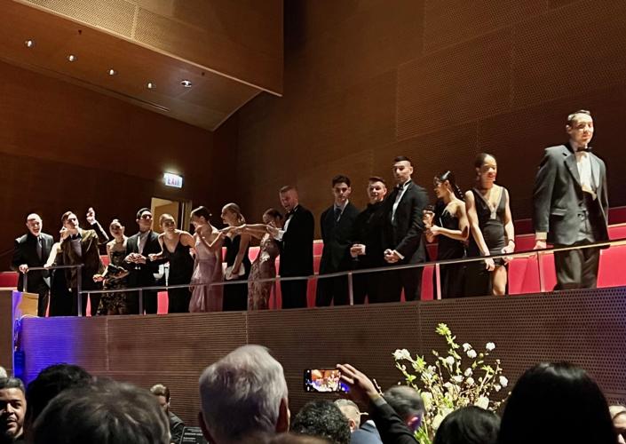 Michael McStraw introduces dancers at post-performance gala on the balcony of the Pritzker Pavilion stage.