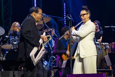 Herbie Hancock and Elena Pinderhughes perform "Chameleon" at the International Jazz Day 2025 All-Star Global Concert at Abu Dhabi, U.A.E.'s Etihad Arena. (International Jazz Day photo by Steve Mundinger/Hal Williams/Herbie Hancock Institute of Jazz)