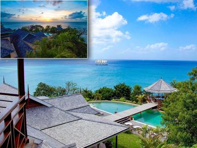 Whether it’s daytime or dusk (inset image), Villa Susanna offers brilliant, panoramic views of the Caribbean Sea. The Marigot Bay villa’s custom pool – featuring a walkover bridge to a charming, oceanfront gazebo – is also shown here. SaintLuciaLuxuryAu...