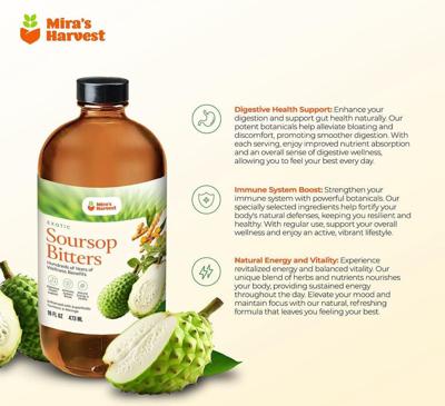 Experience better digestion, a stronger immune system, and lasting energy with Mira's Harvest Exotic Soursop Bitters. Natural wellness in every drop.
