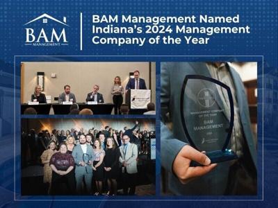 BAM Management celebrates being named 2024 Management Company of the Year by the Indiana Apartment Association at the Midwest Multifamily Conference-an achievement recognizing excellence in portfolio management, employee programs, and community impact.