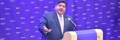 Gov. JB Pritzker addresses the audience at the Louis A. Simpson and Kimberly K. Querrey Biomedical Research Center grand opening in June. Photo by Jesse Wright(1)