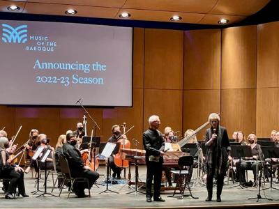 Nicholas Kreamer and Dame Jane Glover announce MOB's 2022-23 Season at the North Shore Center for the Performing Arts in Skokie. (Photo courtesy of HMS Media)
