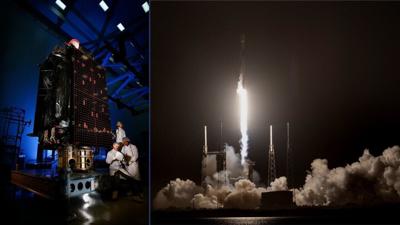 From its clean room at Lockheed Martin in Colorado (left) to its launch pad at Cape Canaveral Space Force Station, GPS III SV07’s journey to space is seen here. Credit: Lockheed Martin.