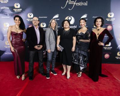 AWFF Jury Members (L-R) Sue Shaheen, Sam Kadi, Patti Lee, Iris Wang, Jiin Jang and Nguyen Cao Ky Duyen attend the Asian World Film Festival opening night