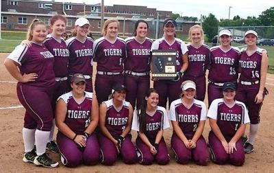 The Dupo Tigers softball team (circa 2017) with their regional trophy.