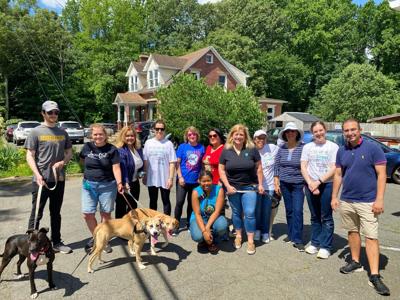 GOING PLACES: Volunteers from MainStreet Bank in Fairfax, Virginia, get ready to take adoptable dogs for a walk at Homeward Trails Animal Rescue in nearby Fairfax Station. The community bank offers employee benefits that encourage volunteerism and emplo...