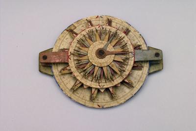 An early astronomical volvelle, Europe circa 1680- 1780. A volvelle is a movable device for working out the position of the moon and sun in the zodiac. (Courtesy of Adler Planetarium).