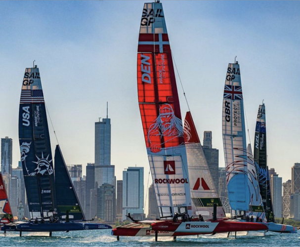 Sail GP F50 Catamaran's sail past Chicago's skyline