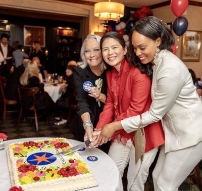 Members of Chicago Star Media team, "Candid" Candace Jordan (Associate Publisher), Elaine Hyde (Publisher/Editor) and Ashlea Hearn (Associate Editor), at Gene & Georgetti's celebrating CSM's 3rd birthday. (Cake courtesy of Mariano's Market) (Photo by Ke...