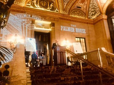 Dean Lane, Palmer House general manager, welcomes guests to celebrate the hotel's 150th anniversary and National Brownie Day.