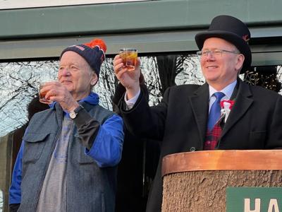 Bill Murray and Grant DePorter toast to the memory of Harold Ramis at Groundhog Day celebration at Harry Caray's Tavern. (Photo by Candace Jordan)