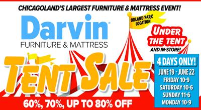 Shop Darvin Furniture & Mattress’ annual Tent Sale June 19–22 in Orland Park with discounts up to 80% off.