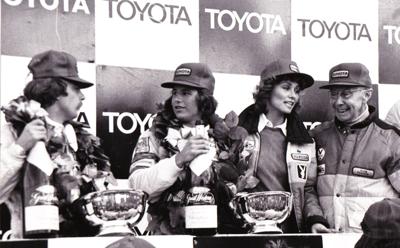 Watkins Glen Toyota Grand Prix 1980: Awarding the trophy to Alan Jones, 1980 Formula One Champion, and 2nd place winner Carlos Reutemann, as racing legend Rene Dreyfus (R) looks on. (Photo courtesy of Toyota Grand Prix)