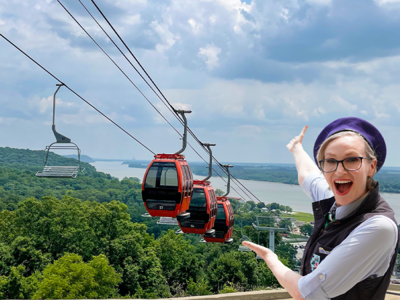 Actress Jane Lynch pointing out the Grafton Sky Tour for Illinois Tourism Campaign, that she directed and starred in.