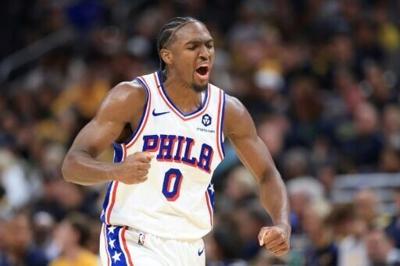 Tyrese Maxey of the Philadelphia 76ers reacts during an NBA victory over the Indiana Pacers