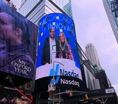 Chicago Innovation Award winners rang the NASDAQ closing bell in Times Square Aug. 1. Shown above are Chicago Chefs Cook co-founders Darren Gest and Eda Davidman. This nonprofit was one of the Innovation Award winners. (Photo Eda Davidman)