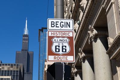 Historic Route 66 sign in downtown Chicago at the start of the Route. (IStock photo by James Andrews)