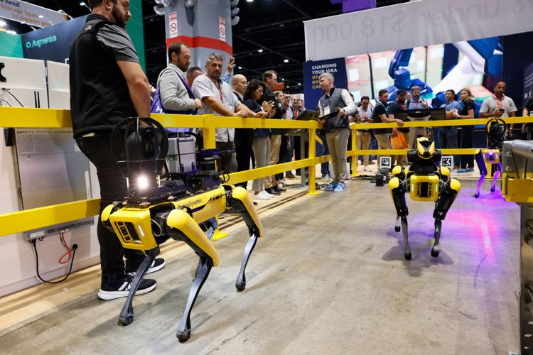 Boston Dynamics’ Spot robot dogs demonstrate how autonomous mobile robots are being used for inspection, data collection and other industrial applications. (On display at Boston Dynamics’ booth, N-236620, in the North Building) (IMTS photo by Arthur E. ...