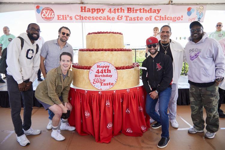 Stars came out for a slice of Eli's! FX "The Bear's" Corey Hendrix, Chris Witaske, Jose Cervantes, Richard Esteras with Jason Weaver from "The Chi" and, in front L, John Hartman from "Ghosts." (Photo by Tim Musho)