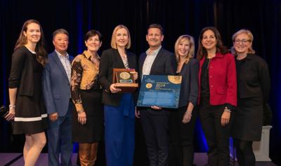 Left to right: Stephanie Corriveau, Garrick Ma, Karen Ross, Elaine Phillips, François Villeneuve, Allison Leake, Jamila Ennarici, Isabelle Lessard (CNW Group/Health Research Foundation) (CNW Group/Bristol-Myers Squibb Canada)