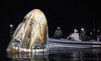 The SpaceX Dragon Endeavour spacecraft shortly after splashing down in the Gulf of Mexico off Florida