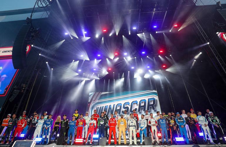 The NASCAR Cup Series field poses onstage during the NCS Driver Engagement on the Main Stage at the Chicago Street Course on July 06. (Photo courtesy of NASCAR)