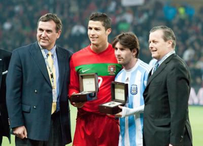 Cristiano Ronaldo and Lionel Messi at Portugal vs. Argentina match, 9th February 2011. (Wikimedia Commons)