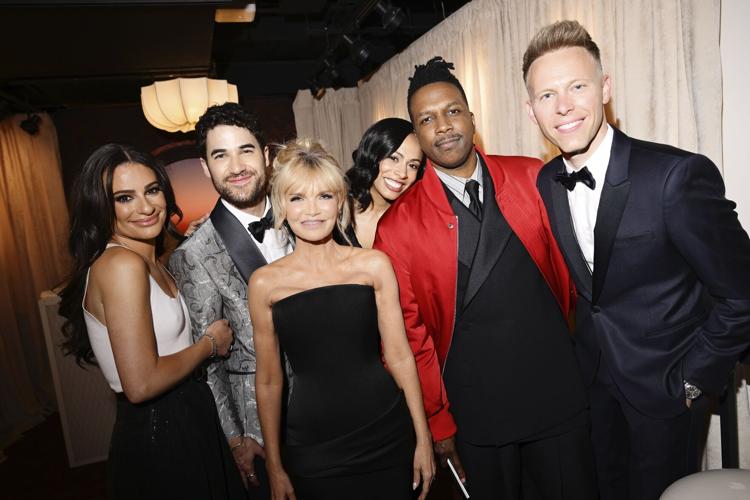 (L-R) Lea Michele, Darren Criss, Kristin Chenoweth, Nicolette Robinson, Leslie Odom Jr. and Justin Paul attend The 79th Annual Tony Awards Green Room Presented By Cunard at Radio City Music Hall on June 07, 2026 in New York City. (Photo by Valerie Terra...
