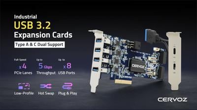 Cervoz’s Industrial USB 3.2 Expansion Cards: Designed for high-performance industrial applications, the MEC-USB-PL series offers up to 8 USB ports with dual Type-A and Type-C support, 5 Gbps throughput, and features like hot swap and plug-and-play funct...