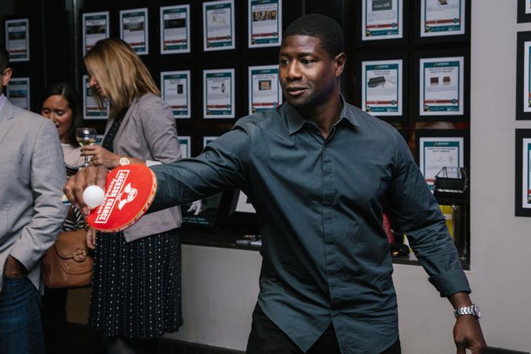 Jerry Azumah (team Bears) warms up for the VIP tourney at the 2017 Ping Pong Ball.