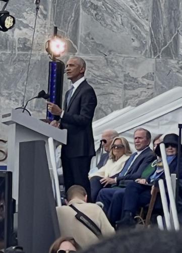 Former President Barack Obama delivered the keynote at the opening ceremony of the Obama Presidential Center. (Seated behind him is former Presidents and First Ladies Joe Biden and Jill, George Bush and Laura, and Bill Clinton and Hillary). (Candace Jor...