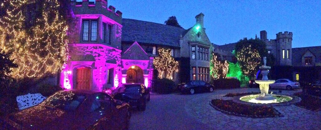 Playboy Mansion lit up for the party.