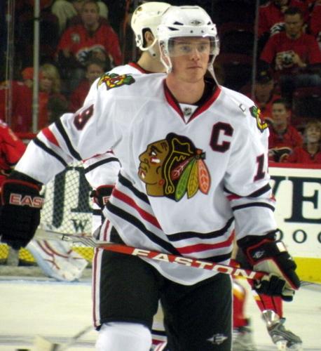Jonathan Towes, captain for the Chicago Blackhawks during pre-game warm-ups prior to a game against the Calgary Flames on April 20, 2009. (Wikimedia Commons photo)