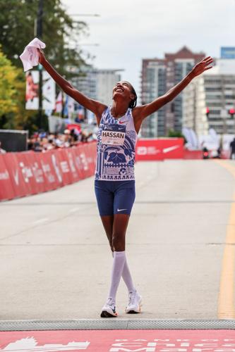 Sifan Hassan crossed the line in 2:13:44, the second fastest women’s marathon time ever. (Photo courtesy of Chicago Marathon by Kevin R. Morris)