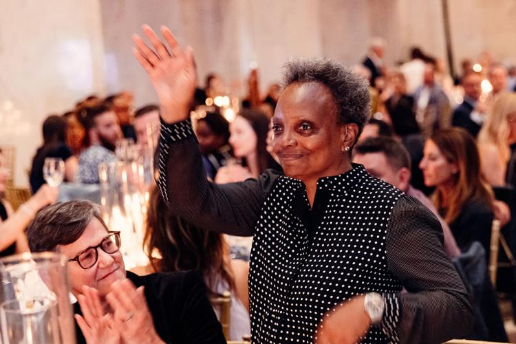 Former Mayor Lori Lightfoot with (seated, left) former First Lady and Steppenwolf Trustee Amy Eshleman. (Photo by Kyle Flubacker)