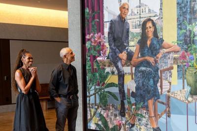 President and Mrs. Obama unveil their first commissioned portrait by Njideka Akunyili Crosby in the Hope and Change Lobby of The Obama Presidential Center Museum in Chicago, IL, on June 14, 2026. (Photo | Obama Center)