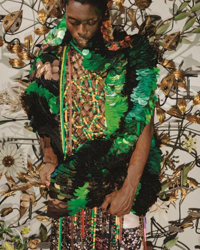 Nick Cave design on model Isaac Couch. (Photo by Lyndon French)
