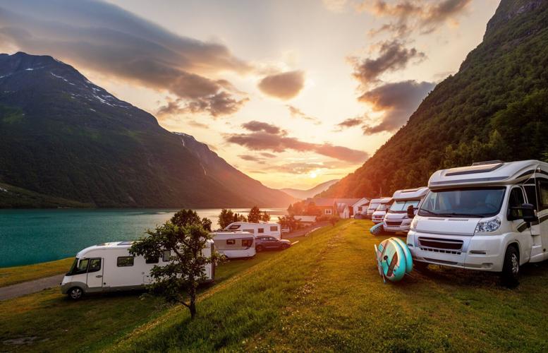 Family vacation travel RV, holiday trip in motorhome, Caravan car Vacation.