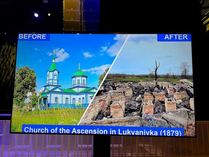 Before and after photo of church in Ukraine after bombing.