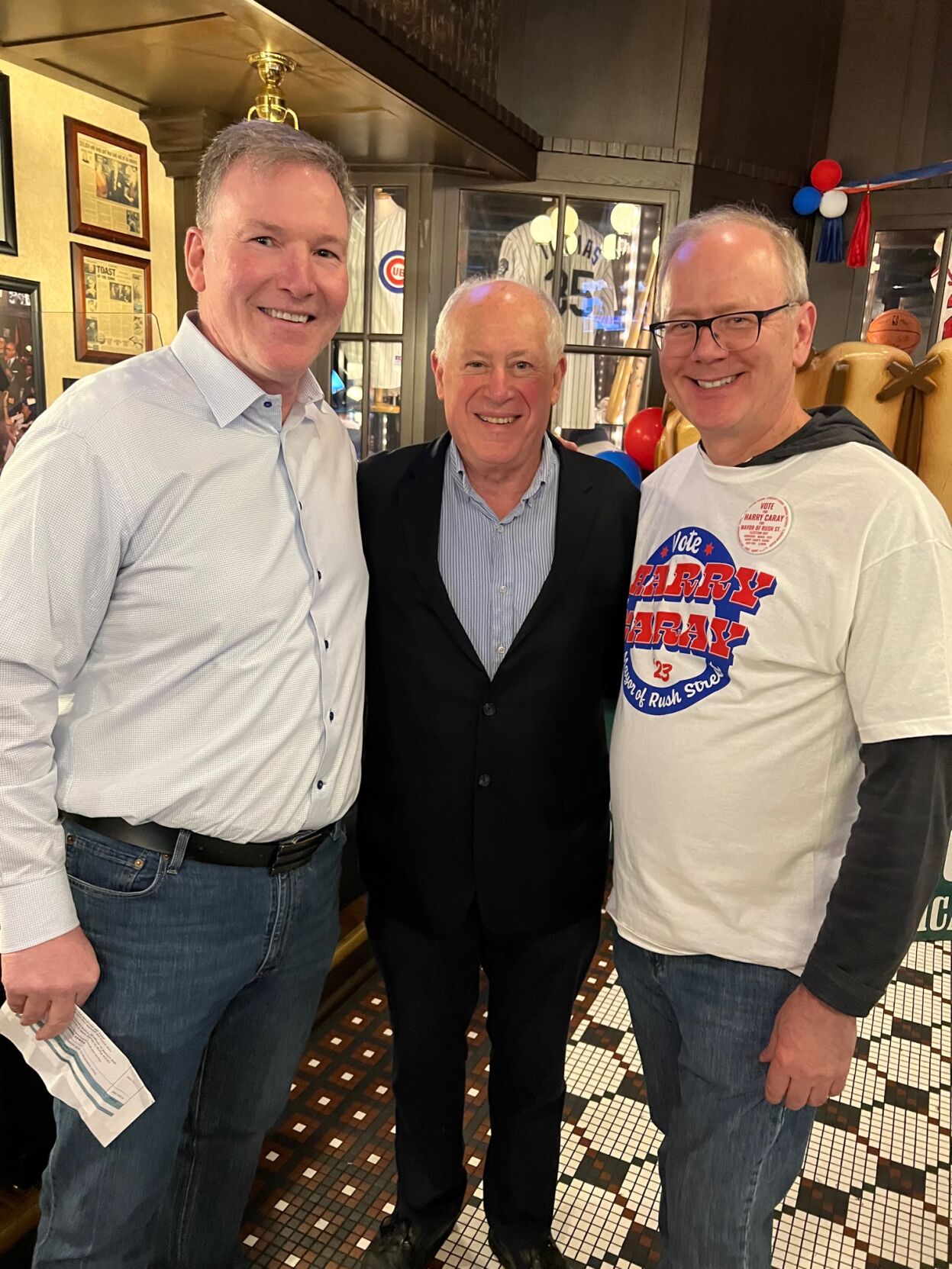 Chicago Blackhawks' anthem singer Jim Cornelison, former Governor Pat Quinn and Grant DePorter.