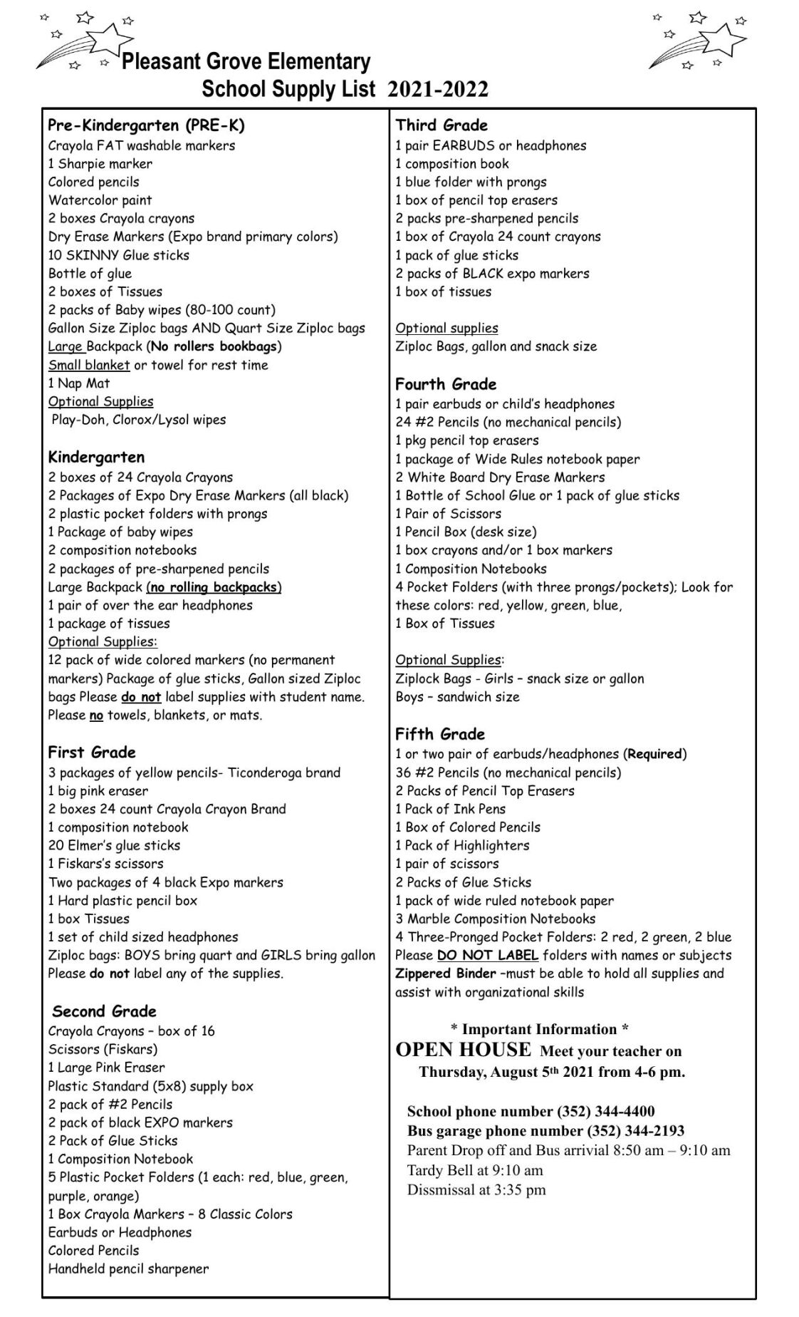 Pleasant Grove Elementary Supply List | | chronicleonline.com