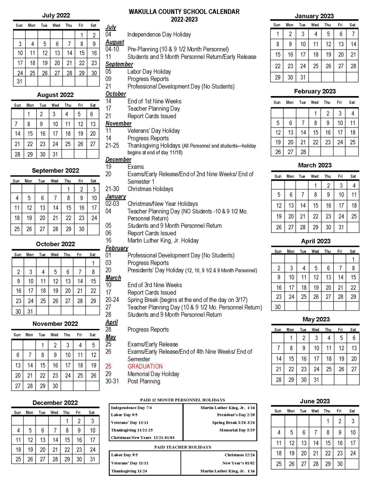 2022-2023 School Year Calendar Wakulla County Schools  Local News 