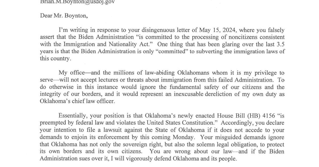 Biden's Dept of Illegal Alien Defense aka the DOJ, Threatens Oklahoma - Vimarsana News