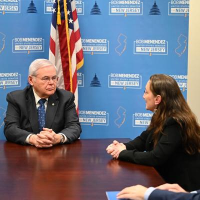 At left, U.S. Senator Bob Menendez, D-New Jersey, has been convicted in a Manhattan federal court on multiple charges of accepting bribes. Spring 2024 Facebook photo of Sen. Menendez meeting on unrelated matters.