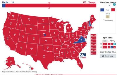 If the National Popular Vote (NPV) interstate compact was in place now, after the 2024 president election, this graphic map ilustrates the 520 Electoral College votes that would be designated for Donald Trump.  Credit: 270towin.com, and Save Our States.