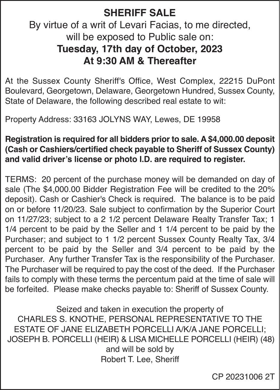 Sheriff Sale - Estate of Porcelli | Legals | coastalpoint.com