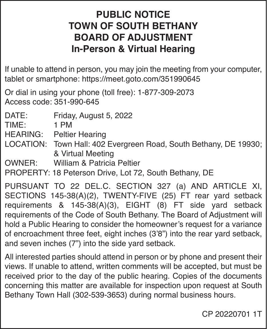 Town of South Bethany - Aug 5, '22 Meeting Notice