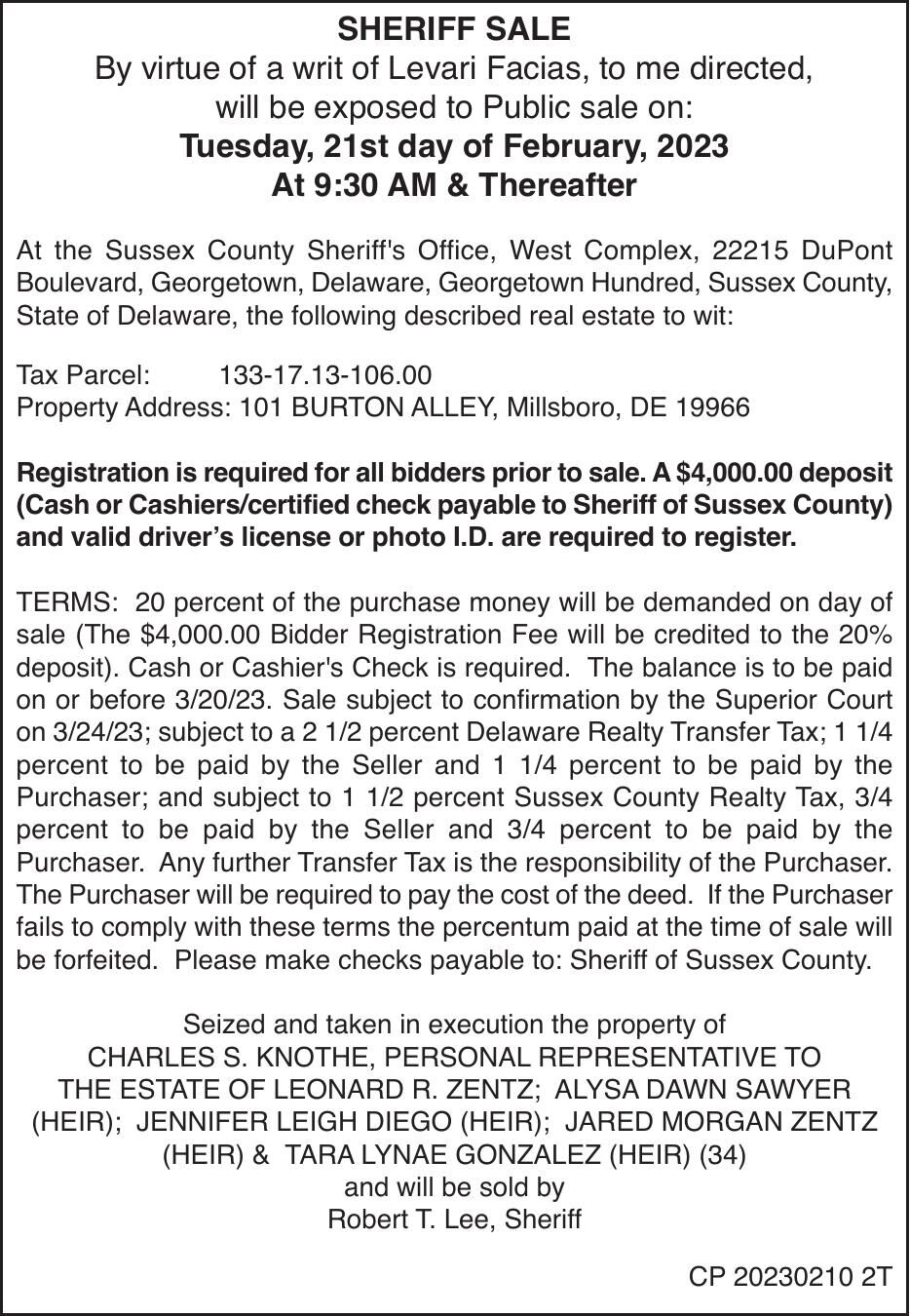 Sheriff Sale Estate of Zentz Legals coastalpoint