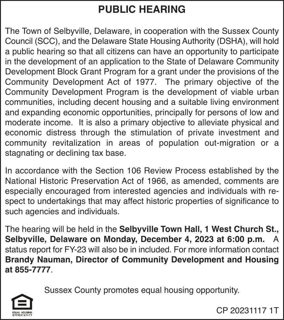 Town of Selbyville Dec 4, '23 DSHA Meeting Legals